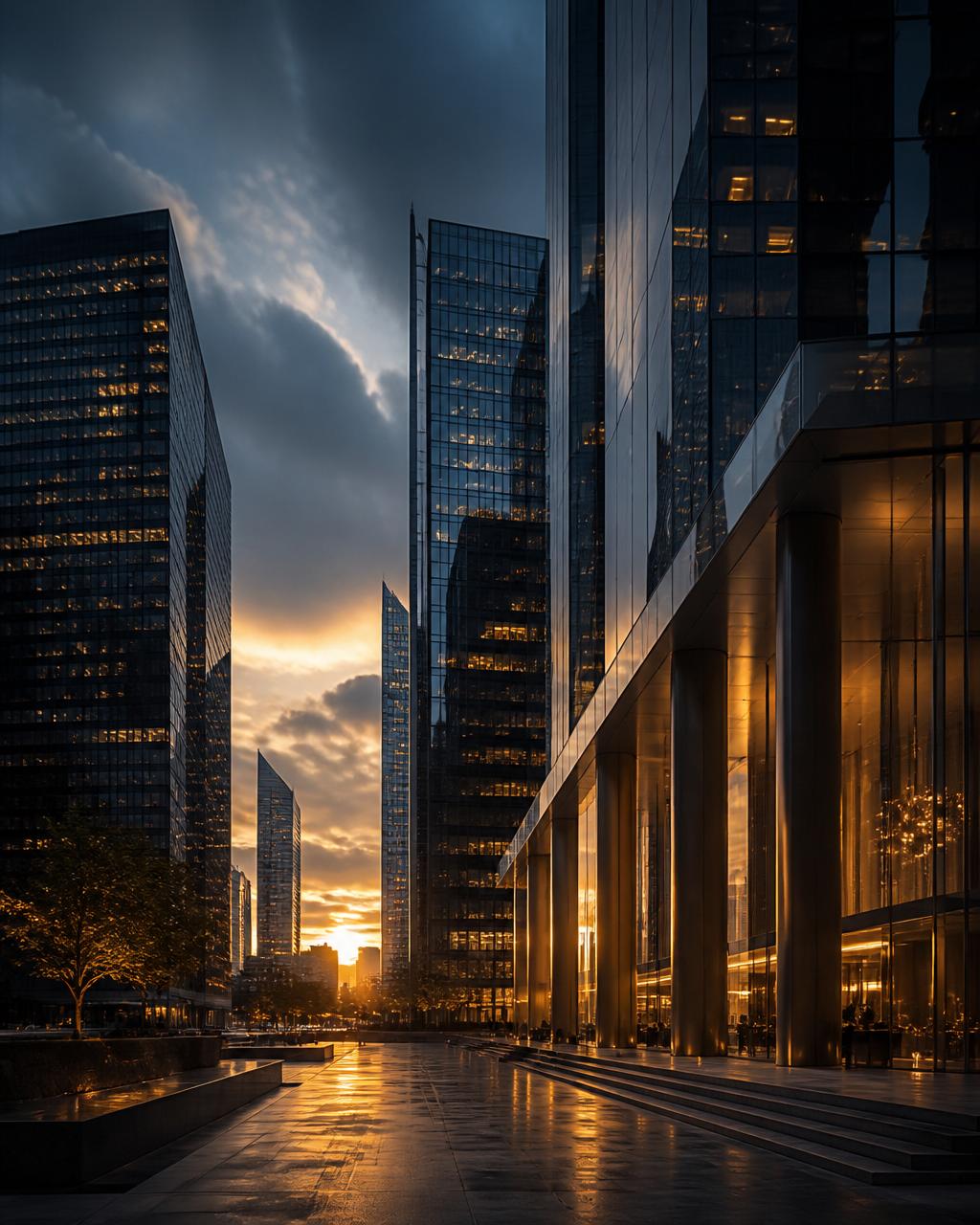 Modern glass skyscrapers at dusk representing global business
